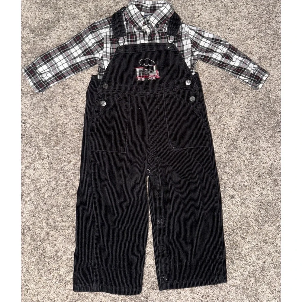 VTG Black Corduroy Bib 18M Overalls Plaid Shirt 12M Children's‎ Place Train 2003
